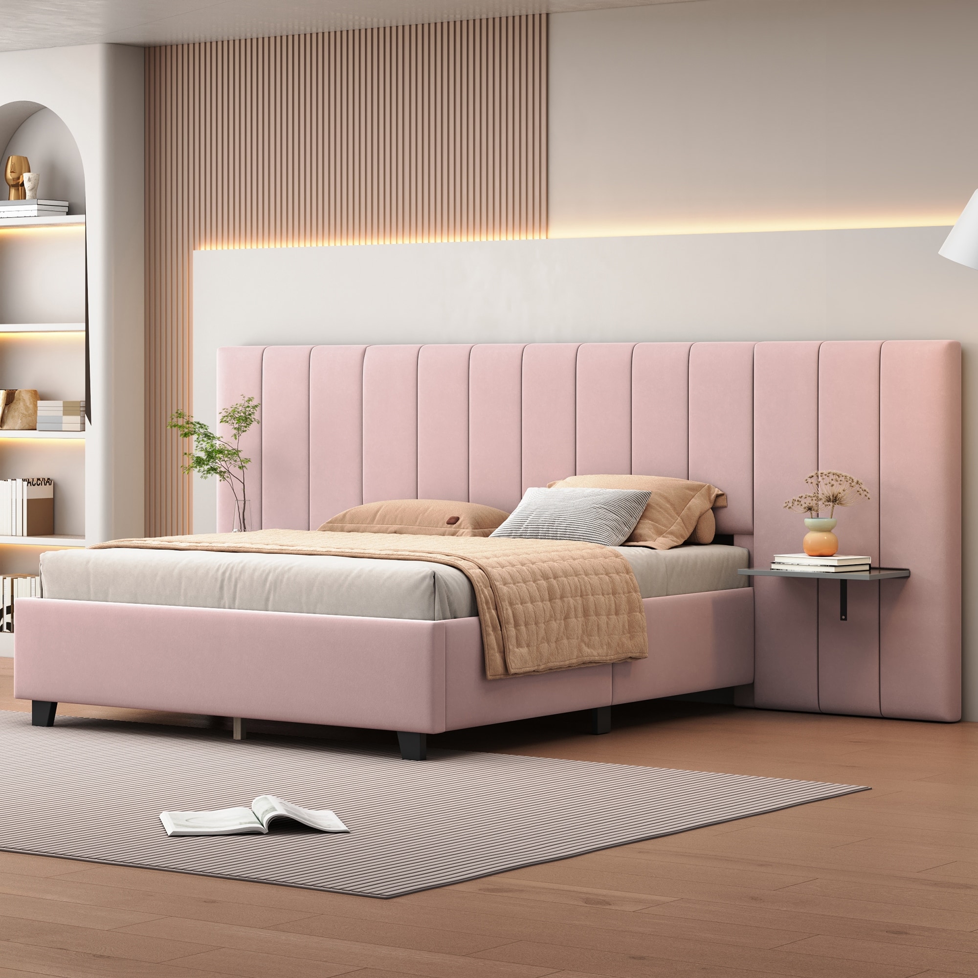 Modern Style Velvet Upholstered Platform Bed with Big Headboard for Bedroom