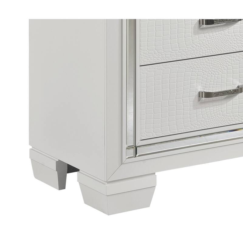 Glamorous White Nightstand, 2 Drawers, Faux Alligator Embossed Textured Front