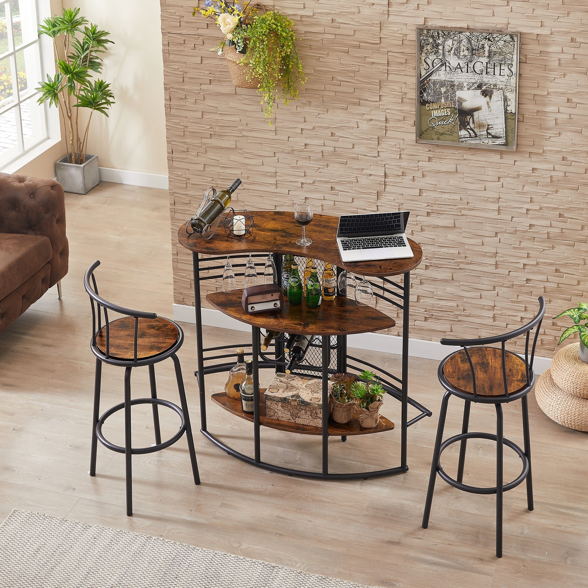 Bar Unit with Metal Mesh Front Home Liquor Bar Table with Storage