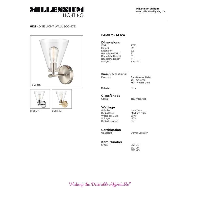 Millennium Lighting Aliza 1 Light Wall Sconce - Modern Gold
