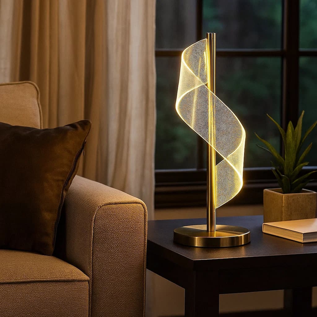 Melly 19 Inch Table Lamp, LED Swirl Ribbon Design, Acrylic, Antique Brass