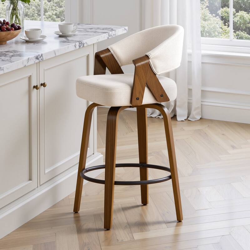 Mid-Century Upholstered Swivel Bar Stool/ Counter Stools with Curved Back - 37.5"H x 20.9"W x 19.9"D