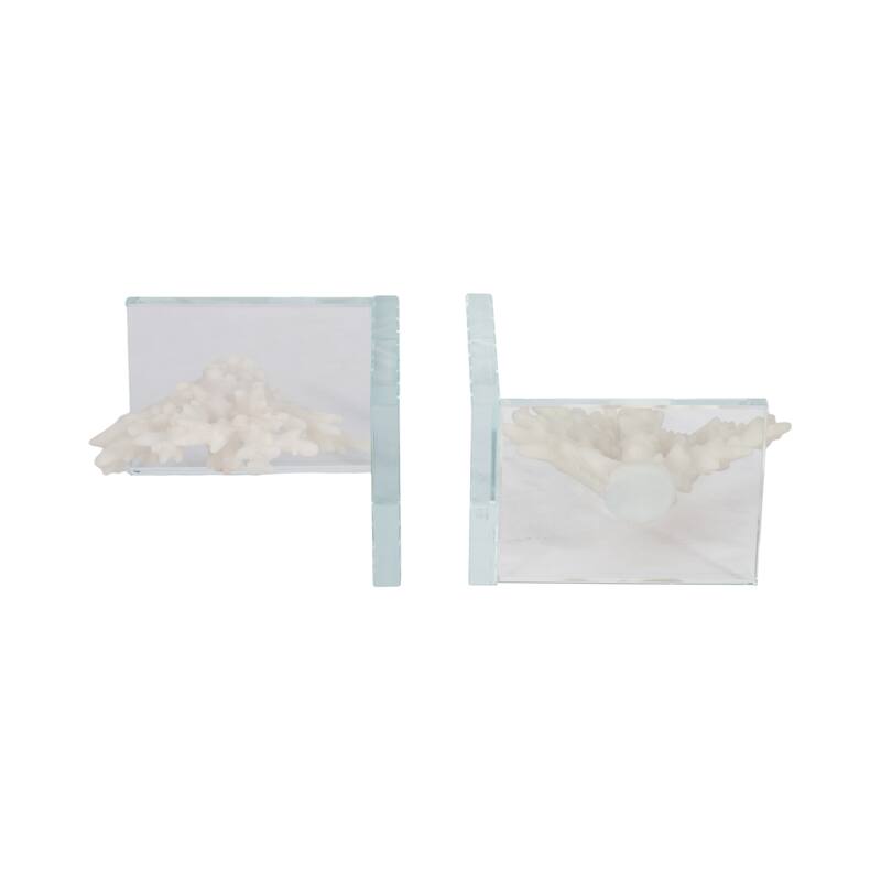 Decorative Costal Coral Accent on Glass Base Bookends - 7", White - 7.25"