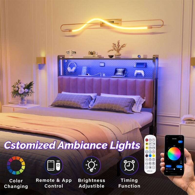 Adjustable Upholstered Headboard with 2 Tier Shelves with Charging Stations and LED Lights, Modern Bed Headboard with Storage