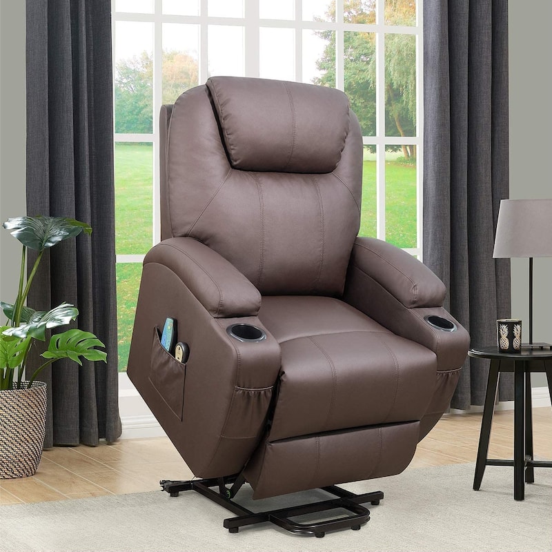 Power Lift Recliner PU Leather with Massage and Heating - Brown