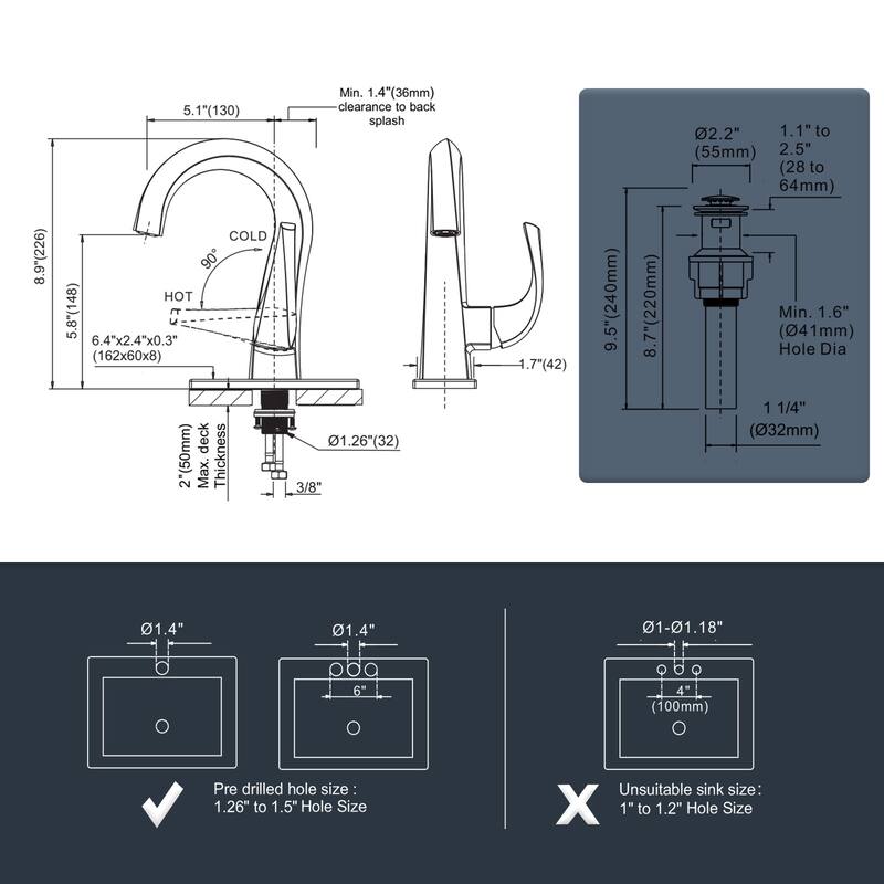 WOWOW Single Handle Gooseneck Bathroom Faucet with Deckplate Included