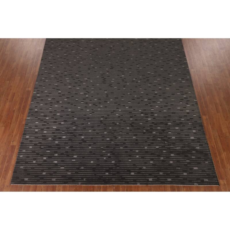 Striped Black Nepalese Indian Area Rug Hand-Knotted Wool Carpet - 9'0" x 11'8"