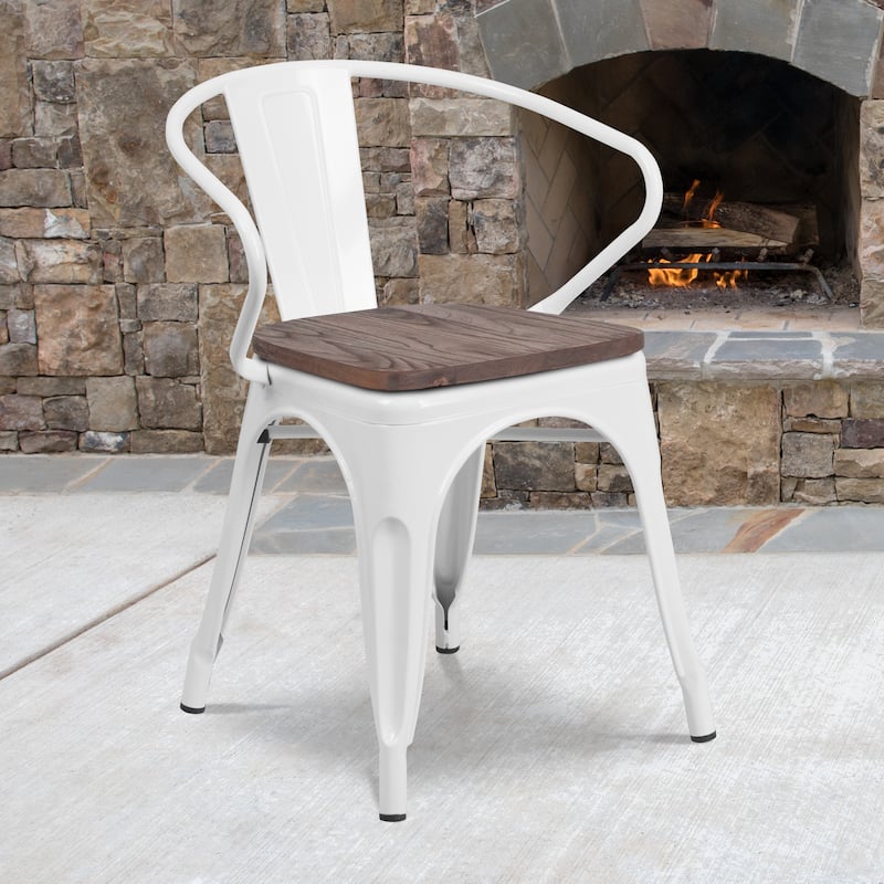 Metal Chair with Wood Seat and Arms - White