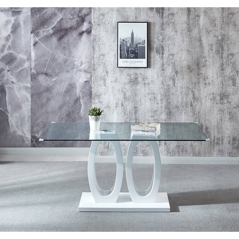 Contemporary Double Pedestal Dining Table, Tempered Glass Top with MDF Base