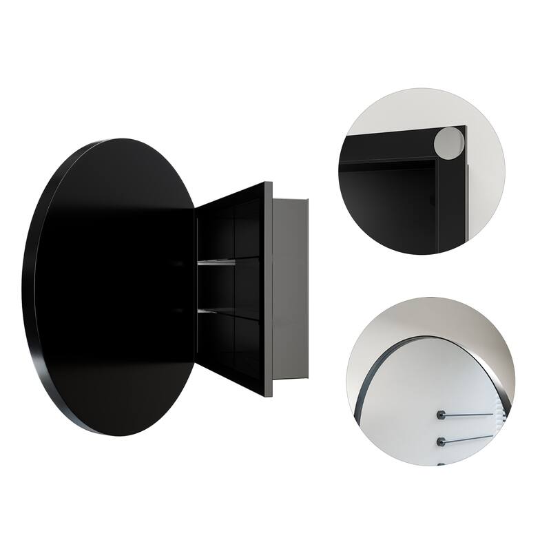 23.6" Round Metal Medicine Cabinet with Mirror & Adjustable Shelves, Black