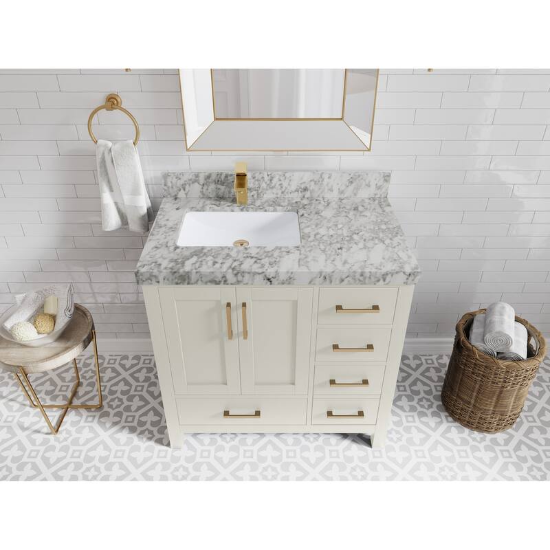 Willow Collections 36 in. W x 22 in. D Malibu Left Offset Sink Bathroom Vanity with Countertop - 2" Carrara Marble - Finegrain