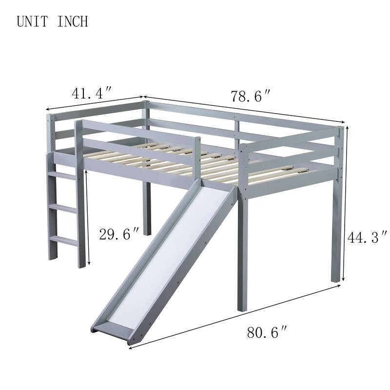 Low Loft Twin Bed with Slide, Ladder, Safety Rails, Rubber Wood Frame, Grey