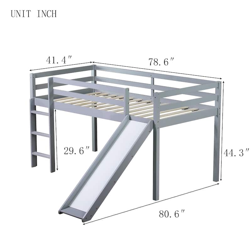 Twin Low Loft Bed Frame with Smooth Slide, Ladder, Safety Guardrails, Durable Rubber Wood Loft Bed with Underbed Storage