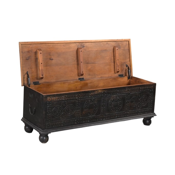 HomeRoots 54" Black Solid Wood Distressed Lift Top Solid Coffee Table - 54.00 in. x 16.00 in. x 18.00 in.
