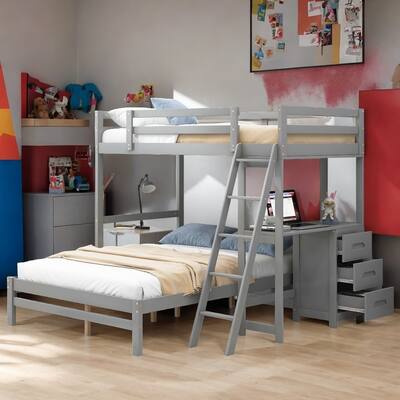 Twin over Full Size Bunk Bed with Built-in Desk, Pine Wood Kids Loft Bed Frame with 3-Drawers for Bedroom, Grey