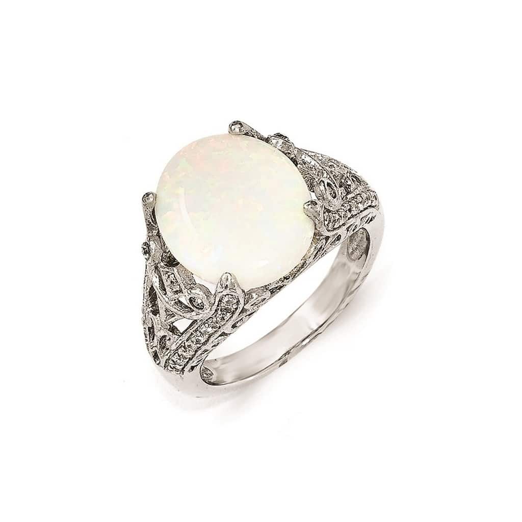 Curata 925 Sterling Silver Cubic Zirconia and Simulated Opal Ring