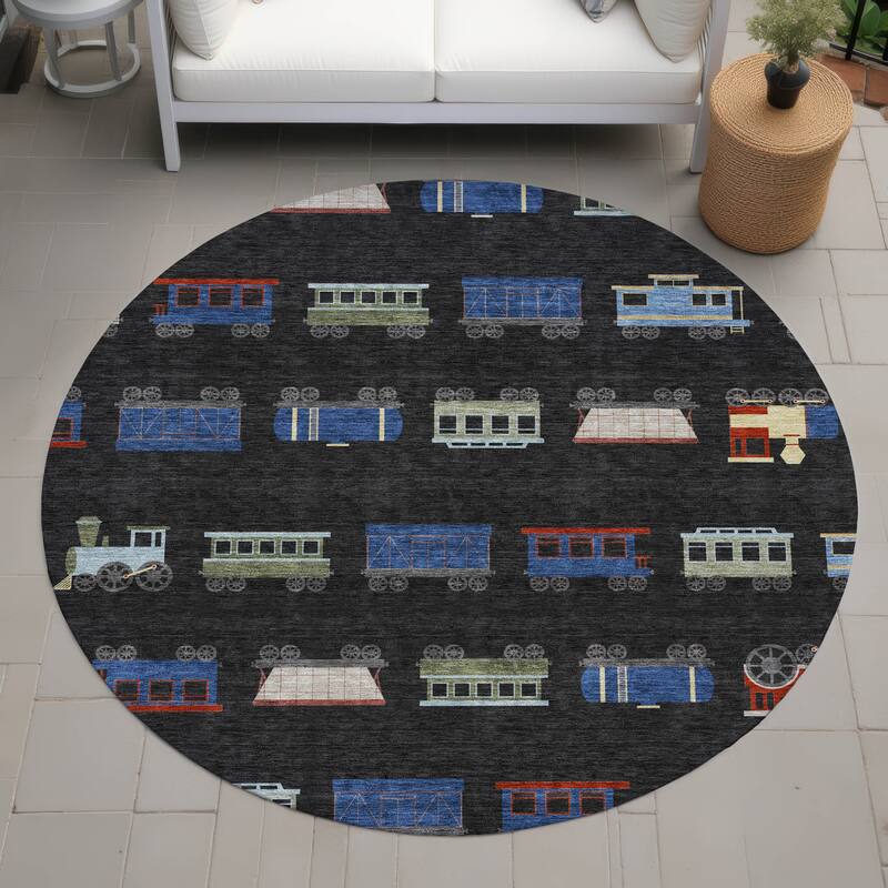 Machine Washable Indoor/ Outdoor Modern Train Chantille Rug - Black - 8' x 8'