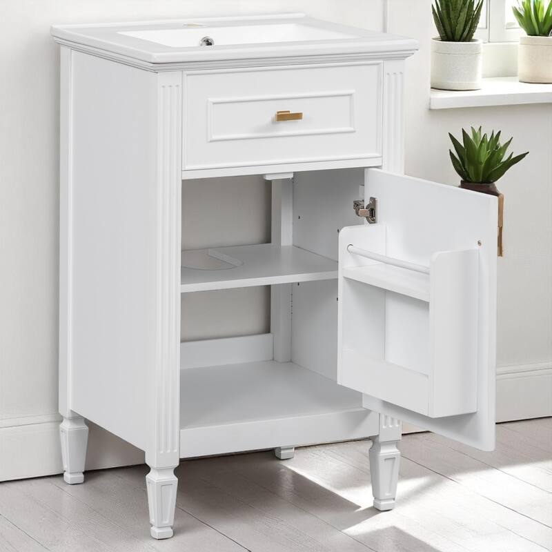 20" Bathroom Vanity with Sink, Freestanding White Cabinet with Ceramic Basin, Tilt-Out Drawer, Adjustable Shelf, Solid Wood Legs