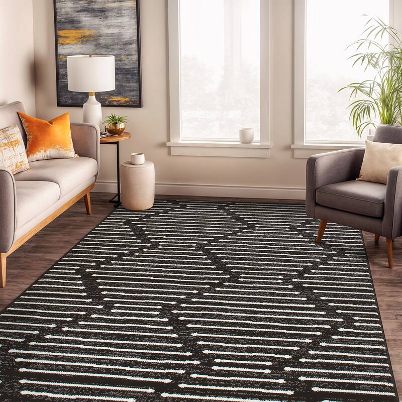 World Rug Gallery Boho Stripe Design Area Rug - Black/White - 5' x 7' - Rectangle