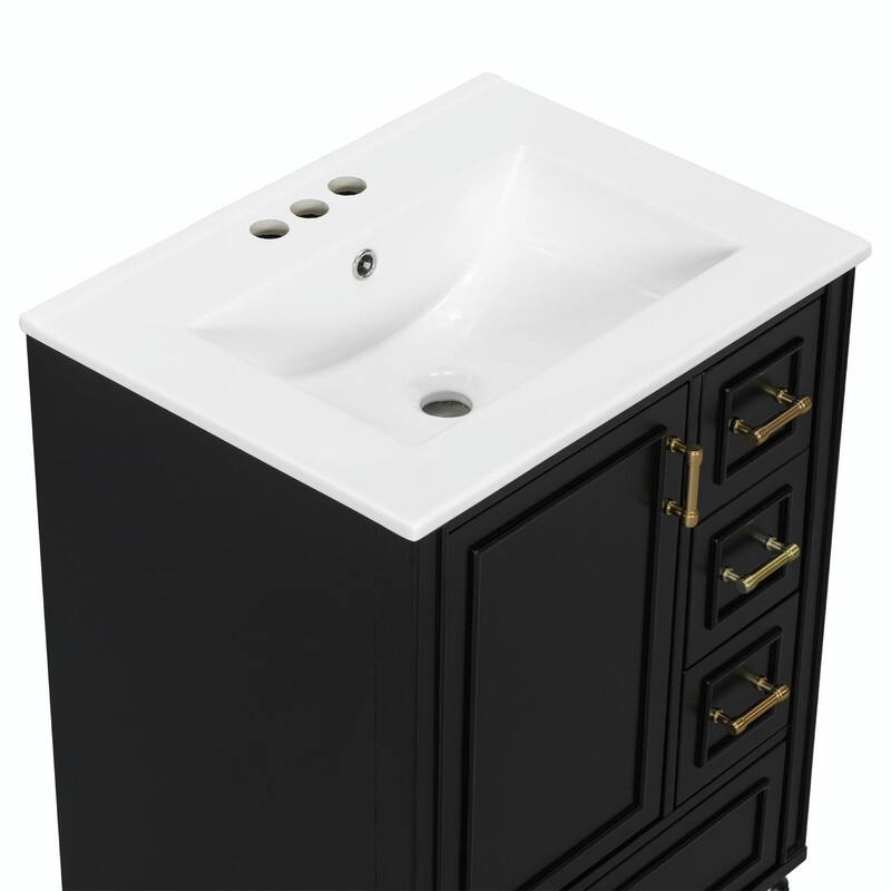 24" Modern Bathroom Vanity with Ceramic Sink, Soft-Close Door, 3 Drawers, Gold Handles & Door Rack