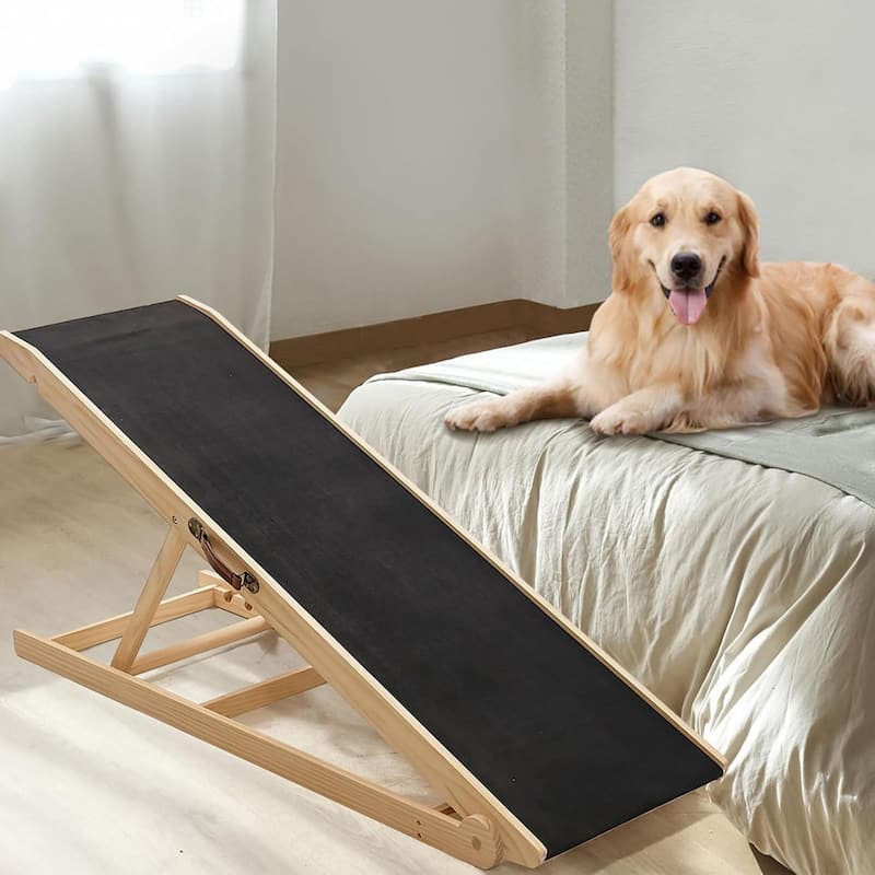 DoCred Folding Non-Slip Rubber Mat Wooden Dog Ramp For High Bed - 55.1"L x 17.7"W x 27.5"H - Brown-YM
