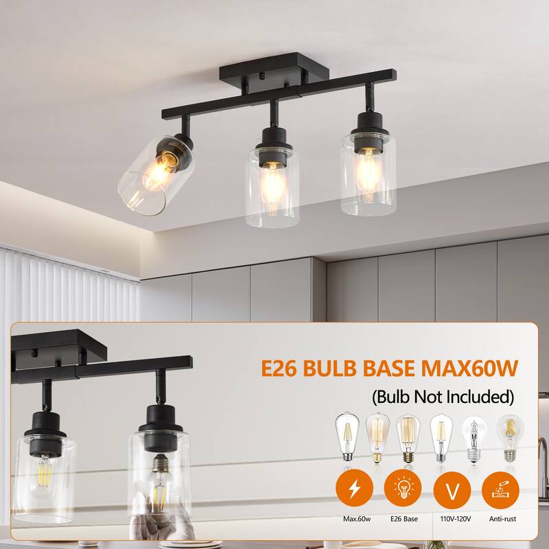 3-Lights Semi Flush Mount Ceiling Light, Adjustable Kitchen Light Fixtures Ceiling Mount with Glass Shades(Bulb Not Included)