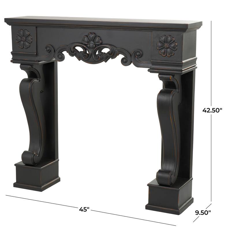 Black Wood Freestanding Scroll Decorative Fireplace Mantle with Floral Accents