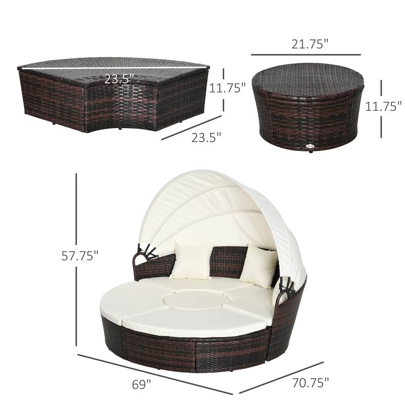 Outsunny 4-piece Cushioned Outdoor Rattan Wicker Round Sunbed or Conversational Sofa Set with Sun Canopy