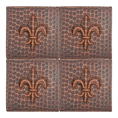 4" x 4" Hammered Copper Fleur De Lis Tile - Quantity 4 (T4DBF_PKG4)
