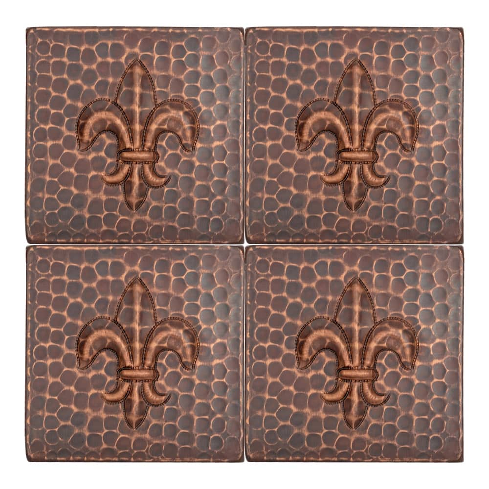 4" x 4" Hammered Copper Fleur De Lis Tile - Quantity 4 (T4DBF_PKG4)
