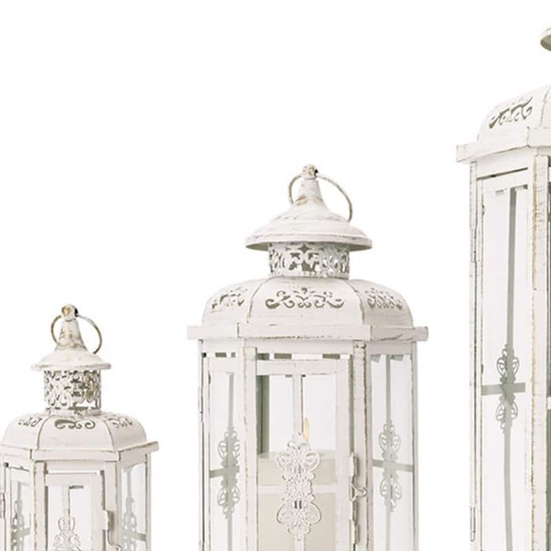 Set of Three White Distressed Filigree Metal Tabletop Lantern Candle Holders