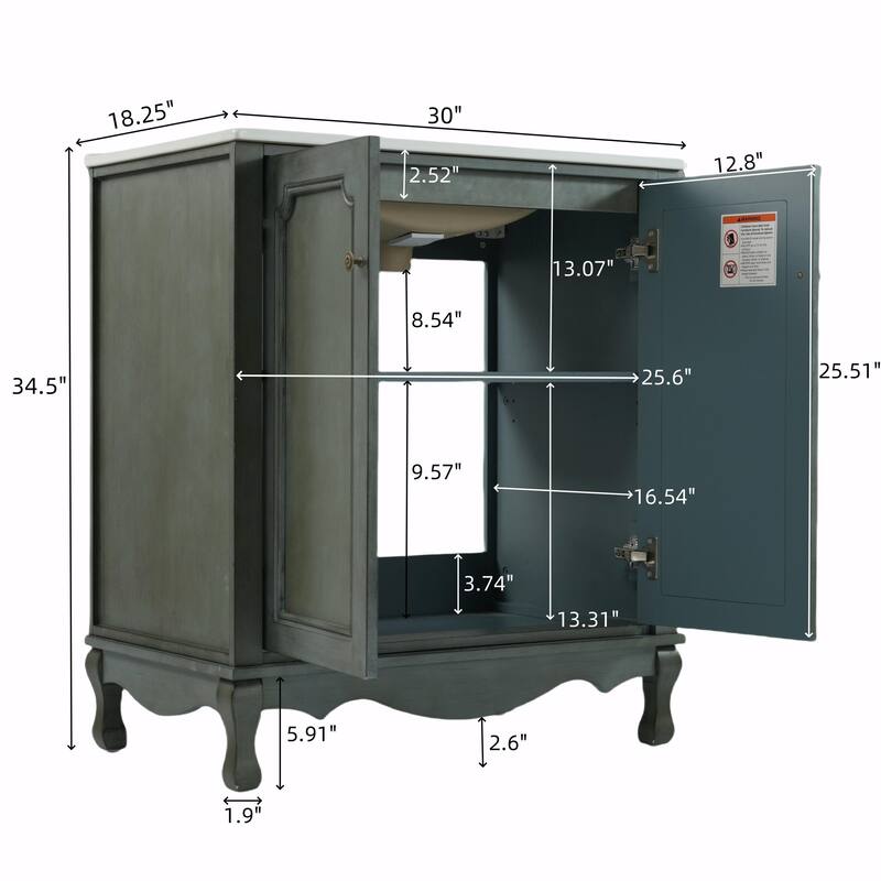 30" Vintage Bathroom Vanity - Rectangle Sink, Antique Handles, Solid Wood Legs, and Adjustable Shelves