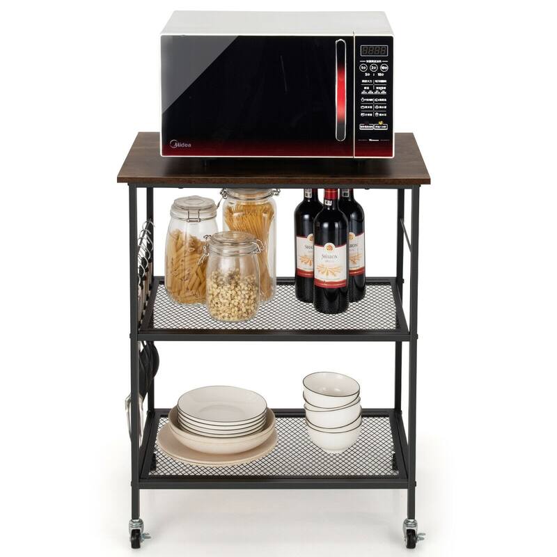 3 Tier Rolling Kitchen Cart with Hooks and Wheels for Storage and Utility