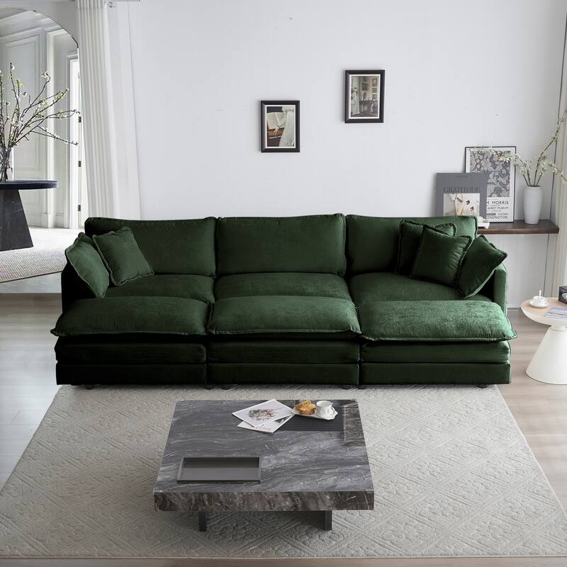 Green 6-Seater U-Shape Sectional Sofa with 3 Ottomans and Pillows