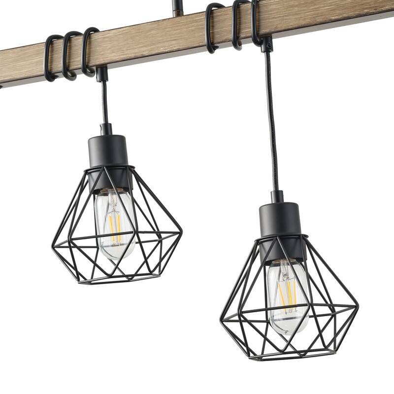 Industrial 5-Light Black Metal Cage Chandelier with Faux Wood Beam