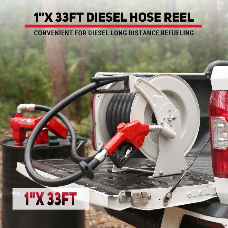 Retractable Fuel Hose Reel, 1" x 32' ft Diesel Hose Reel,Diesel Fuel Hose Reel with Automatic Refueling Gun