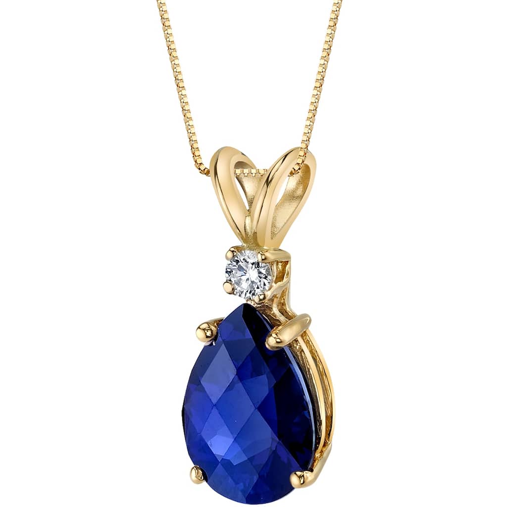 14k Yellow Gold Pear Shape 2.50 cts Created Blue Sapphire Diamond Pendant