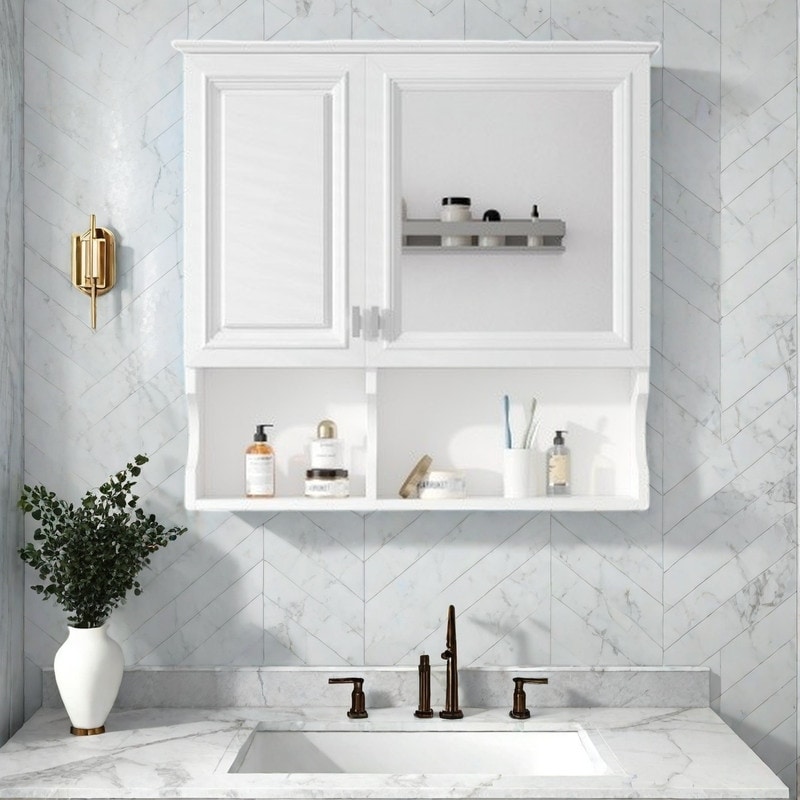 30" Wall-Mounted Half-Moon Mirror Medicine Cabinet with Open Shelf & Hidden Storage, Adjustable Shelf, Soft-Close Hinges