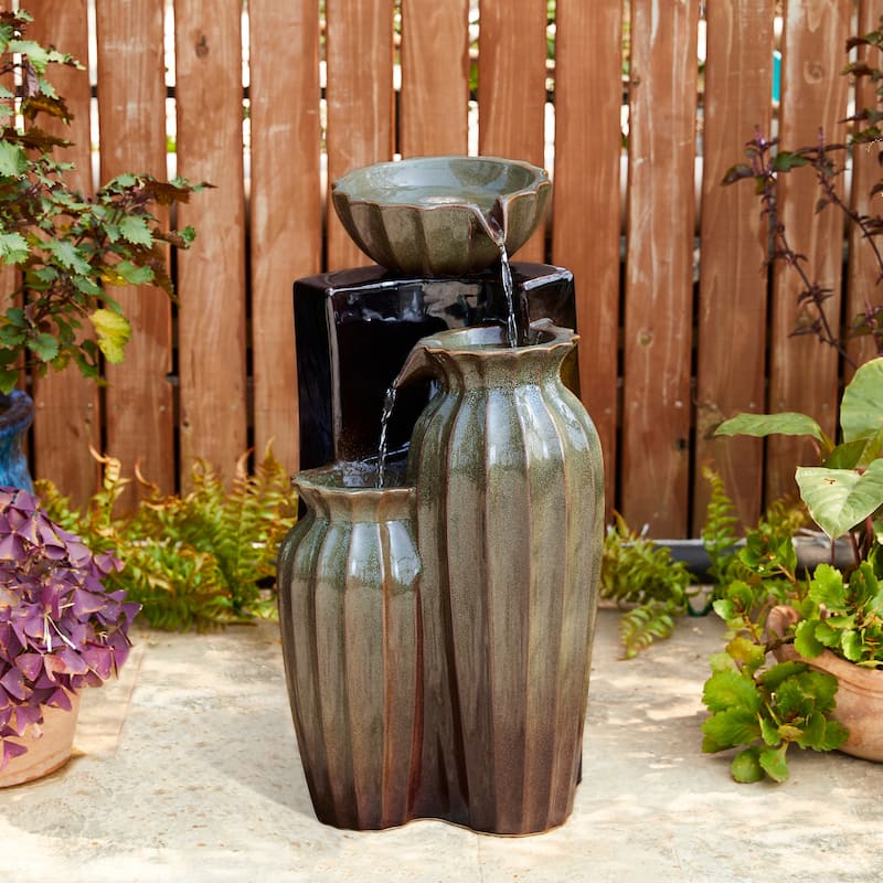 Glitzhome 27"H/35"H 3-Tier or 4-Tier Embossed Pattern LED Ceramic Pots Fountain - Brown - 26.75"H
