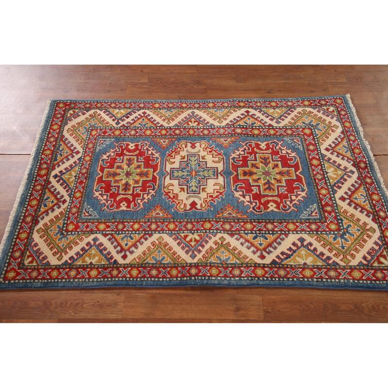 Kazak Oriental Accent Rug Hand-Knotted Blue Geometric Wool Carpet - 3'2"x 4'7"