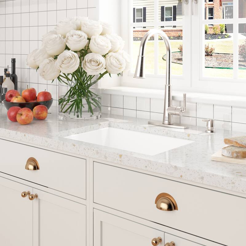 CASAINC All-in-One Undermount Single Bowl Fireclay Kitchen Sink with Pull Down Sprayer Kitchen Faucet, Bottom Grid, and Strainer