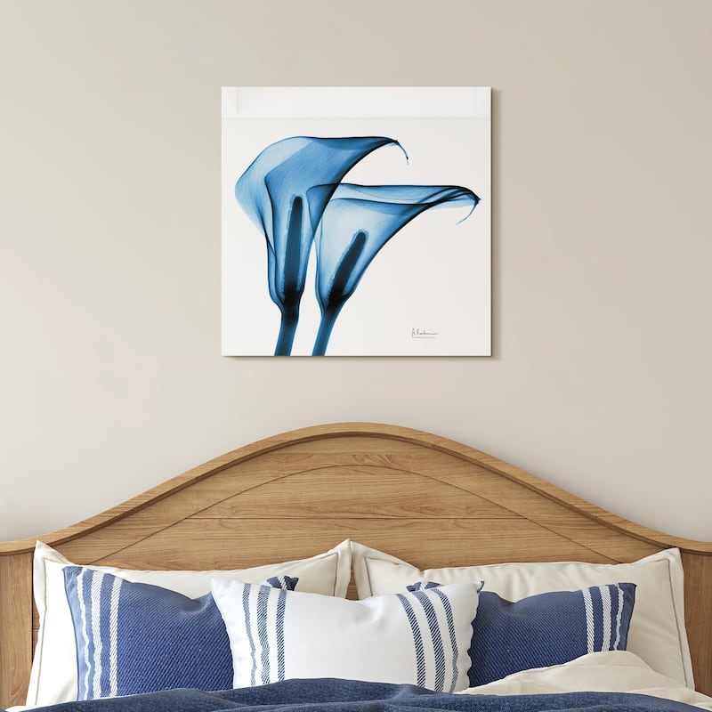 "Indigo Calla Lililes " Frameless Free Floating Tempered Glass Panel Graphic Wall Art