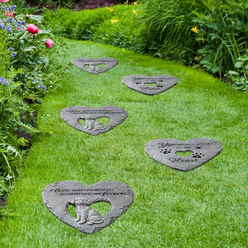 Glitzhome 6-Piece Cement Heart Shaped Paw Prints and Dog Memory Stepping Stones - 10 in