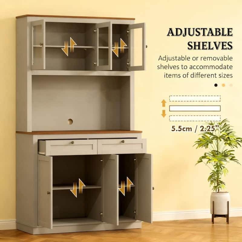 Rossetta 70'' Tall Anti-Tipping Kitchen Pantry Cabinet with Microwave Stand and Adjustable Shelves -  Gray+Oak