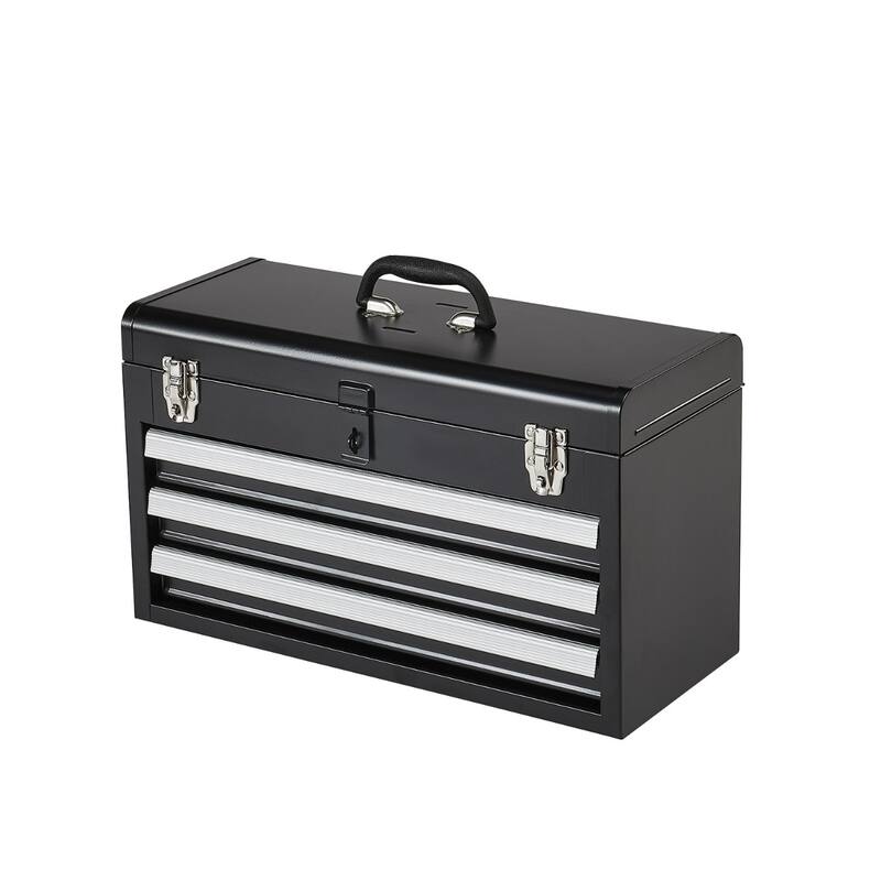 20.5 Inch Black Metal Portable Toolbox with 3 Drawers and Built In Lock Hole - 20.5 x 8.6 x 12 in