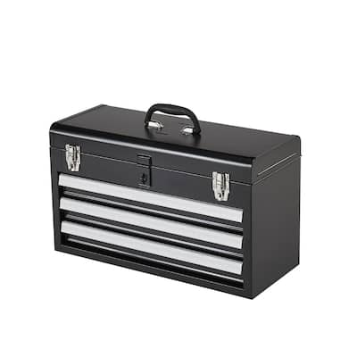 20.5 Inch Black Metal Portable Toolbox with 3 Drawers and Built In Lock Hole - 20.5 x 8.6 x 12 in