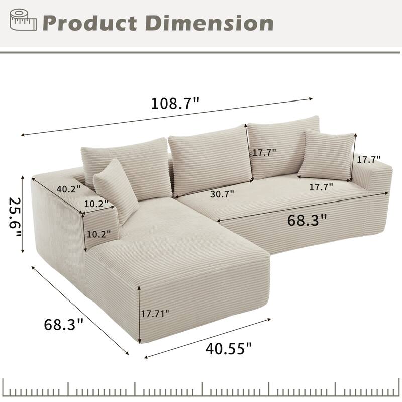 Roomfitters Modular Sectional Sofa L-Shape Cloud Couch with Oversized Left Facing Chaise, Memory Foam 2-Seat Sofa