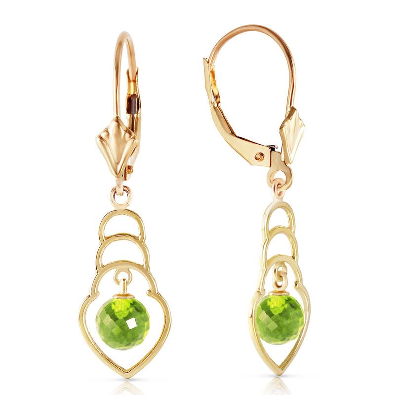 14K Solid Gold Leverback Natural Peridot Gemstone Fine Earrings - Yellow