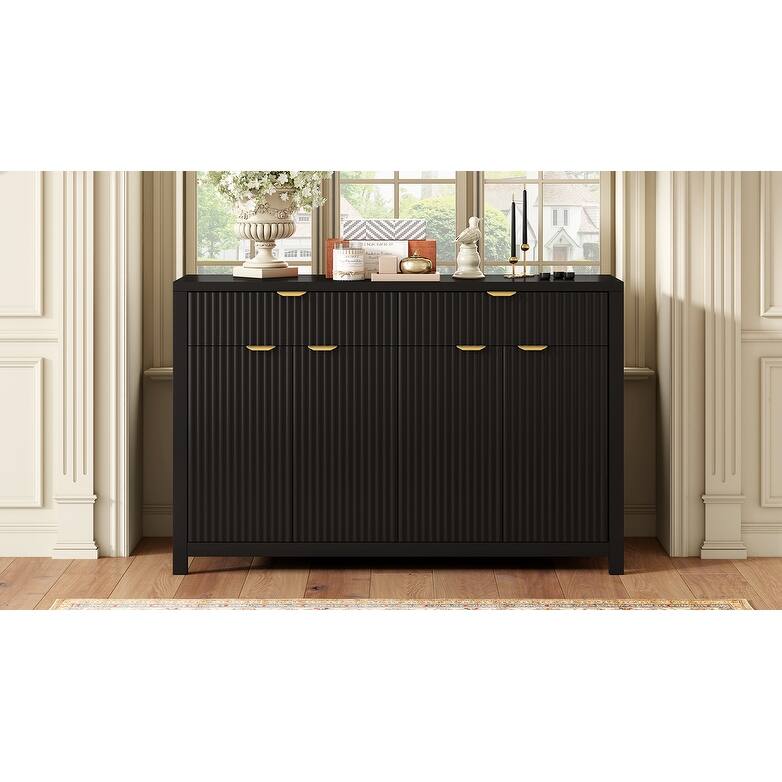 55" Modern Wave-Pattern Sideboard Cabinet Sofa Table with 2 Drawers and 4 Doors, 3-Level Adjustable Shelves