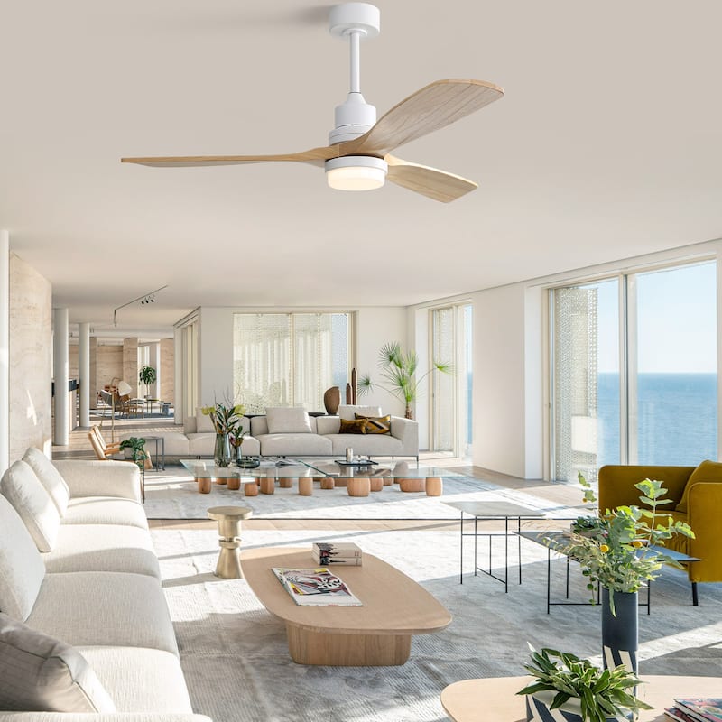 52" Solid Wood Noiseless 3-Blade Ceiling Fans with Dimmable LED Light Optional and Remote, 6-Speed Reversible DC Motor - White and Natural wood/With light